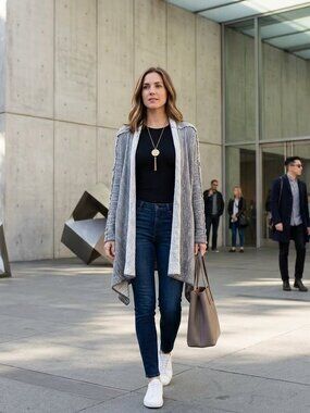 Free People SP In the Loop Gray Marled Knit Waterfall Open Front Exposed Seams